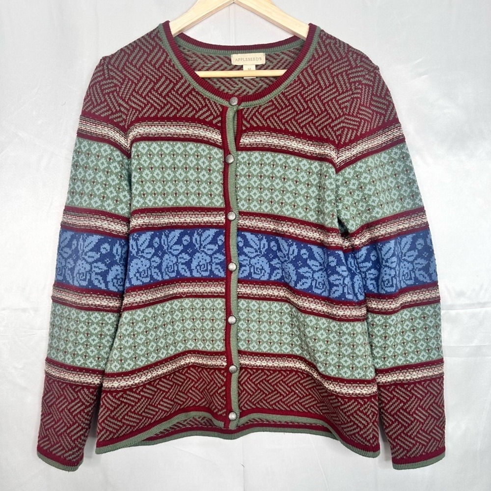 Appleseeds Button Front Fair Isle Cardigan Sweater M | Cozy Nordic Knit